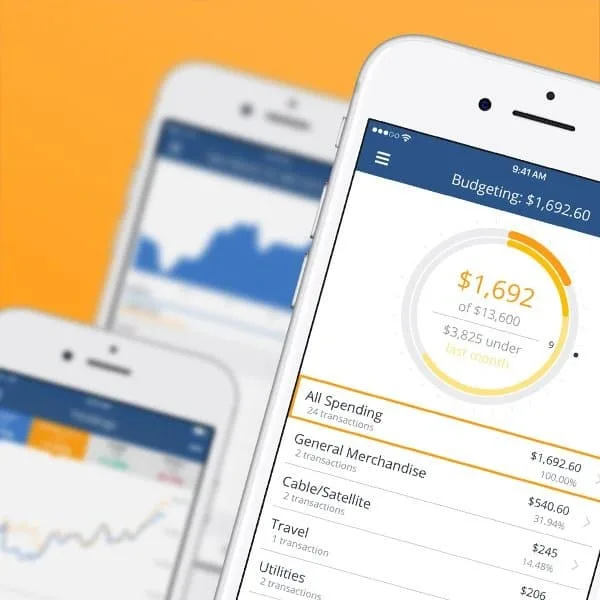 three phones on orange background displaying personal capital app