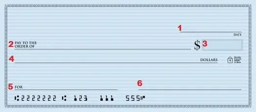 blank check with numbers one through six designating six steps of writing a personal check