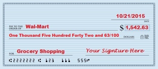 illustration of a completely filled out check to walmart for $1,542.63 for grocery shopping signed and dated October 21 2015