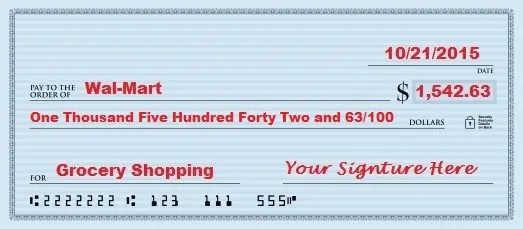 illustration of a completely filled out check to walmart for $1,542.63 for grocery shopping signed and dated October 21 2015