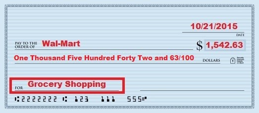 illustration of fifth step of how to fill out a check with a box around memo line