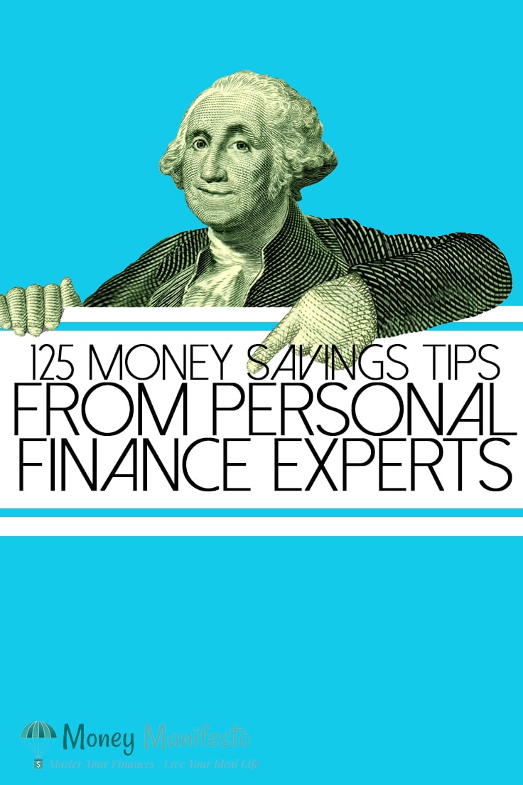 george washington from a dollar bill pointing to 125 money saving tips from personal finance experts