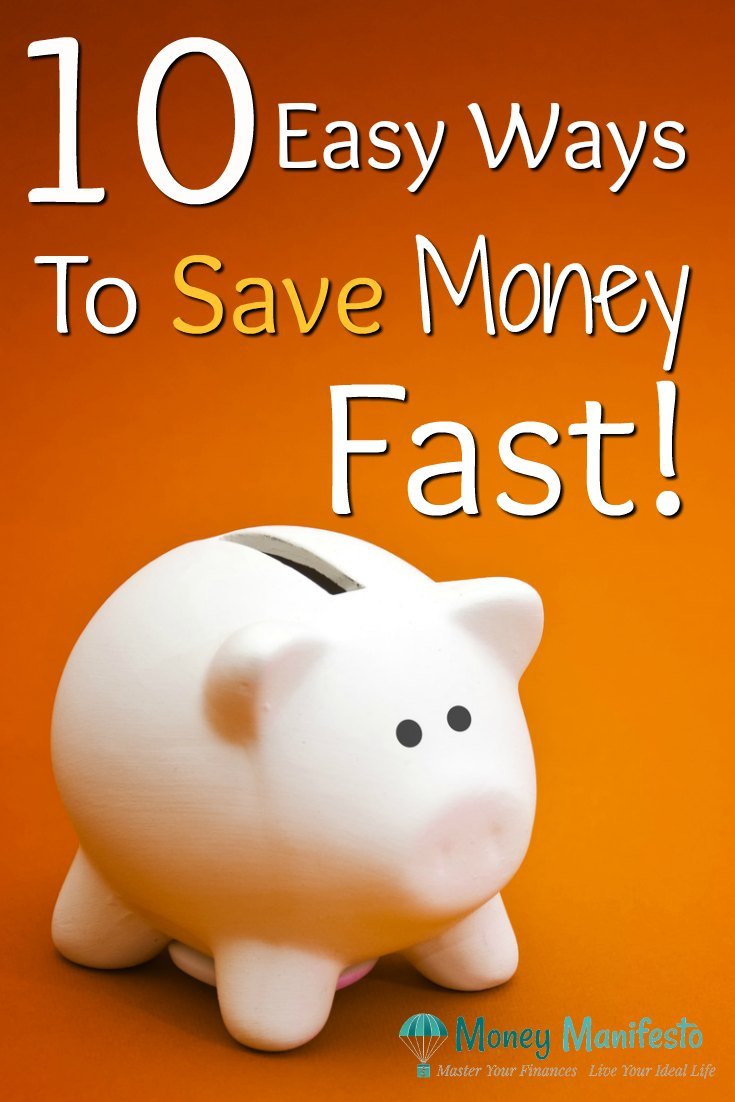 10 easy ways to save money fast above white piggy bank on orange background