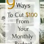 9 ways to cut $100 from your monthly budget overlaid over rolls of $100 bills sitting on a table