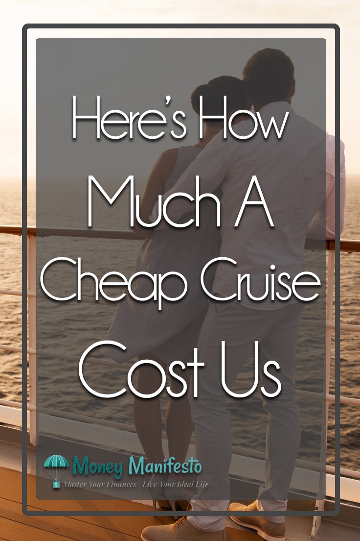Here's how much a cheap cruise cost overlaid in front of a couple standing at a cruise ship railing overlooking the water