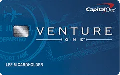 blue capital one venture one credit card card art with emv chip and passport stamp background