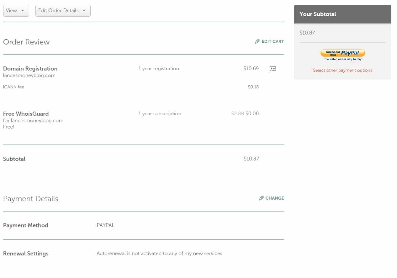 screenshot of eighth step of purchasing a domain at namecheap