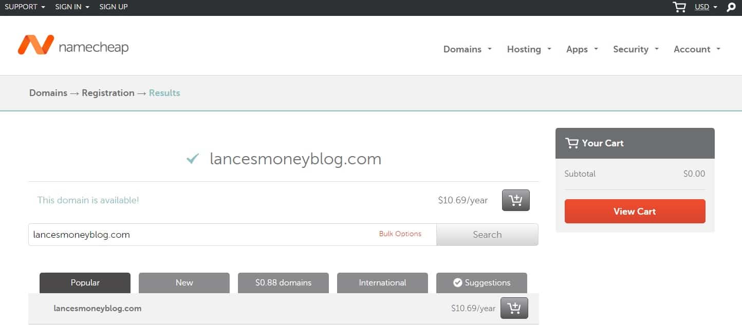 screenshot of second step of purchasing a domain at namecheap