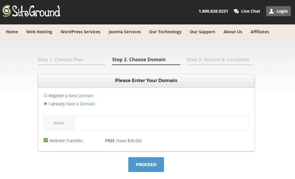 screen shot of second step of siteground web hosting sign up process