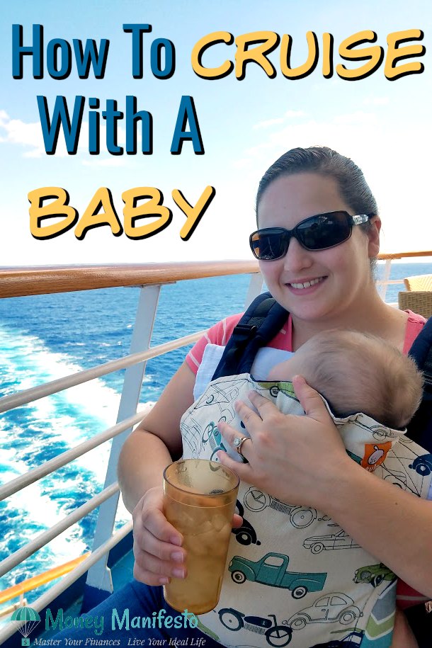 how to cruise with a baby above a mother holding her sleeping child at the back of a cruise ship with wake in the background