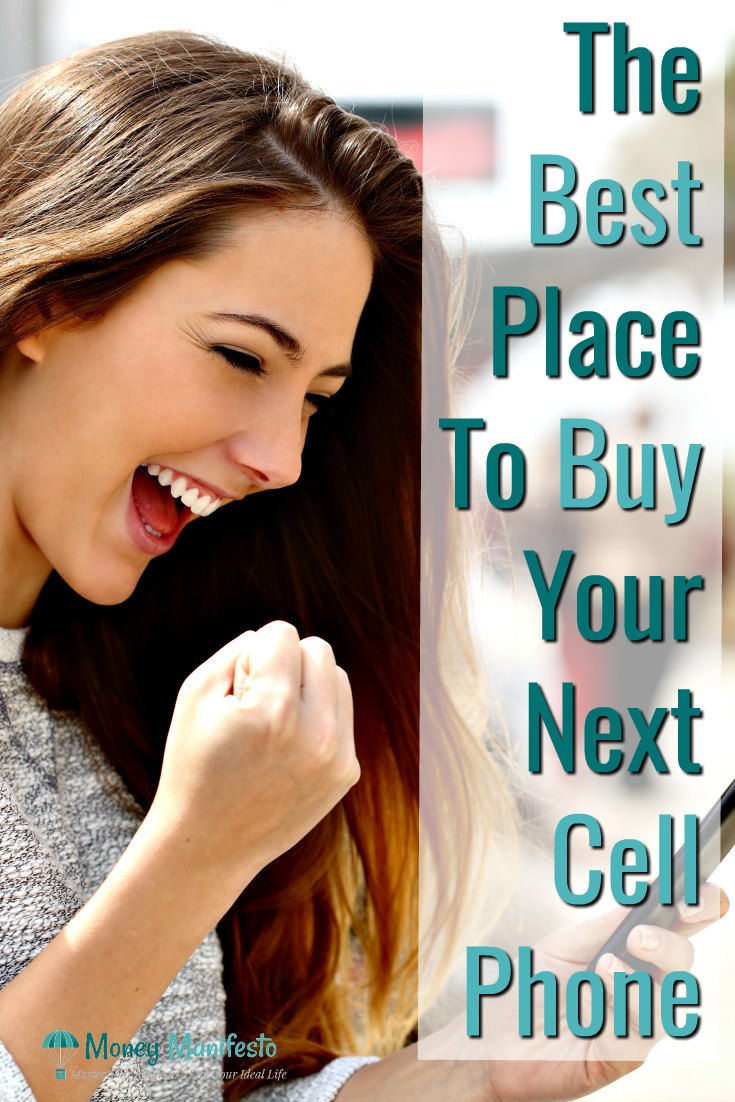 the best place to buy your next cell phone next to excited woman fist pumping