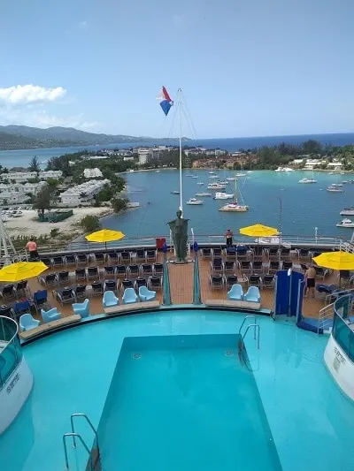 looking at the rear poor on the carnival dream overlooking monetgo bay Jamaica cruise port
