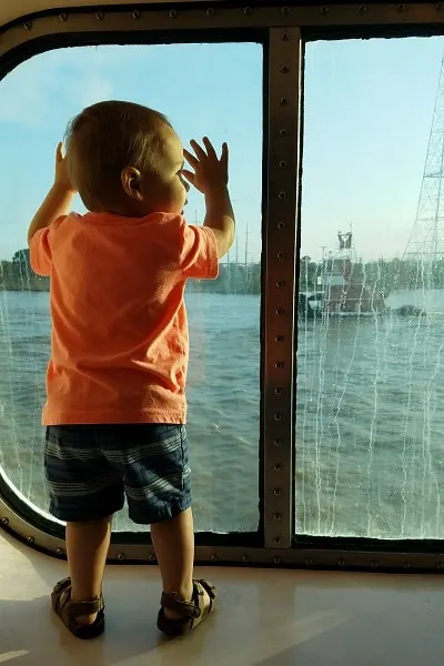 1 year old standing in oceanview stateroom window on carnival dream cruise ship