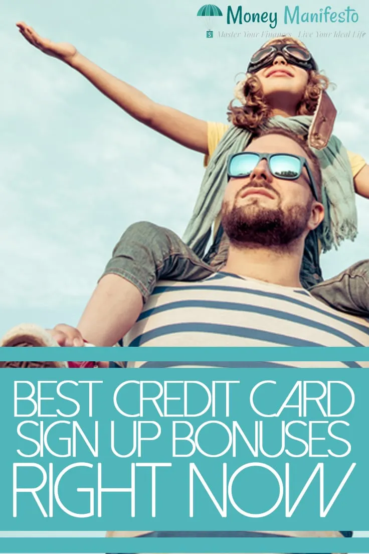 best credit card sign up bonuses right now below dad wearing sunglasses carrying child on shoulders wearing aviator glasses and hat