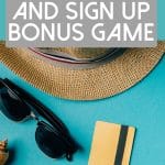 how to play the credit card rewards and sign up bonus game above seashells, credit cards, sunglasses and a hat on a teal background