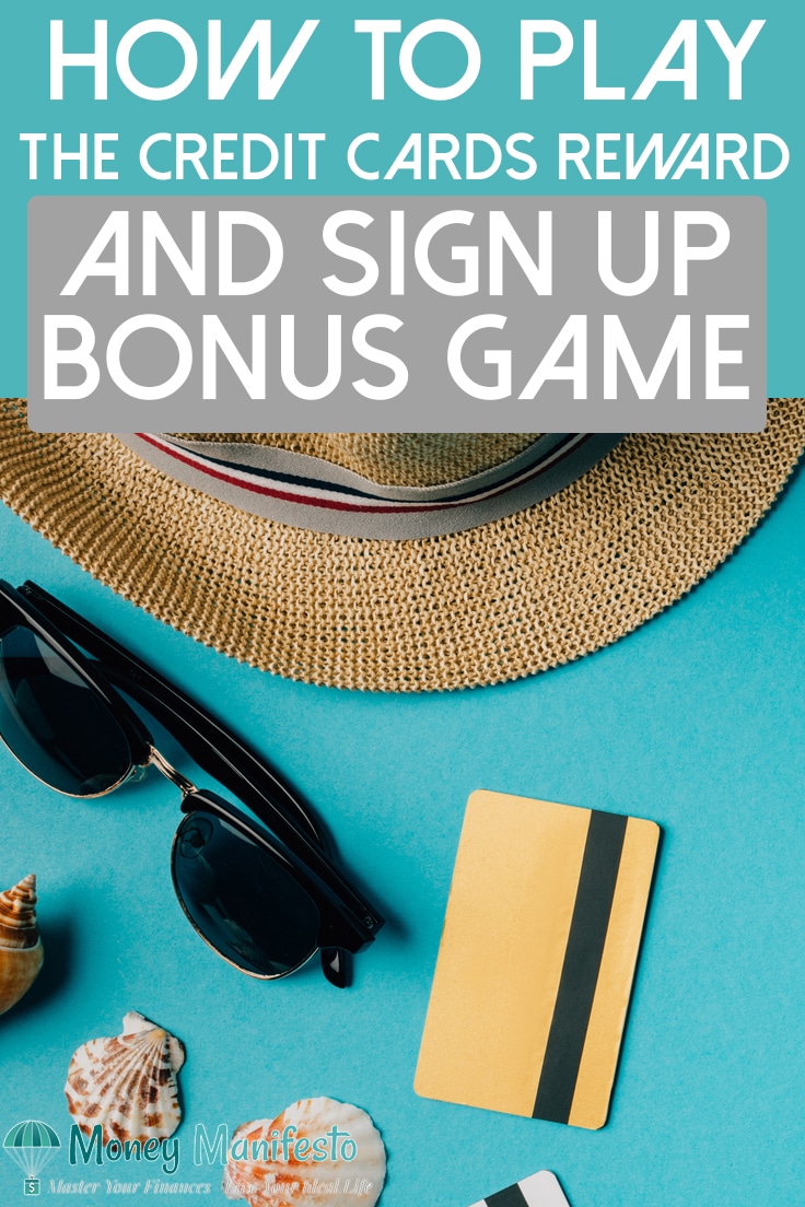 how to play the credit card rewards and sign up bonus game above seashells, credit cards, sunglasses and a hat on a teal background