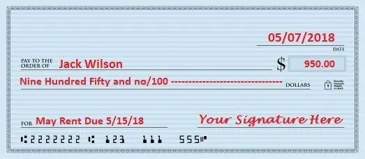 signed personal check example written to landloard jack wilson for $950 for May rent due May 15 2018 dated may 7 2018
