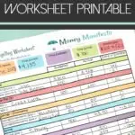 free budget worksheet printable above a filled out monthly budgeting worksheet printable made by money manifesto with pen on top