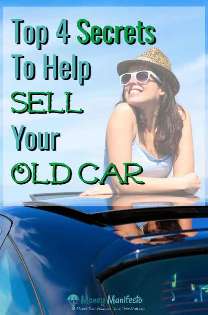 top four secrets to help sell your old car next to woman standing through sunroof of a black car