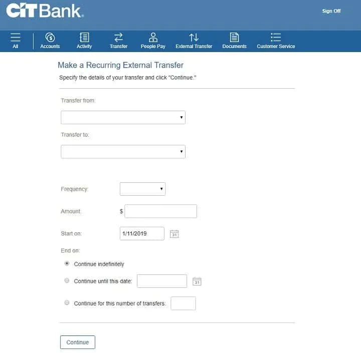 screenshot of step three of setting up an automatic transfer at CIT Bank