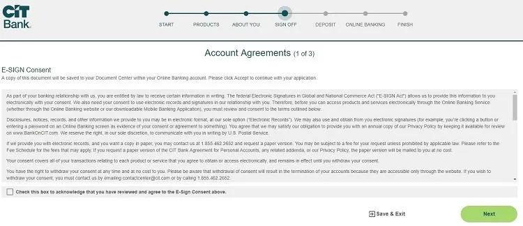 screenshot of step 13 of process of opening a CIT Bank Savings Builder account
