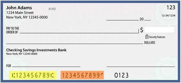image of a personal check with routing number highlighted in yellow and account number highlighted in orange